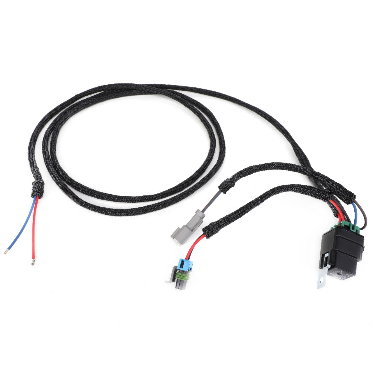 A wiring harness with red, blue, and black wires, connectors at each end, a relay attached (AGCO | RELAY - AG133479), in black. The current product description information for AGCO is not available.