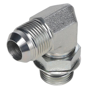 A 90° fitting metal elbow pipe with male JIC threaded ends, depicted against a white background, is identified as the AGCO | ELBOW FITTING - AG554510 by AGCO.