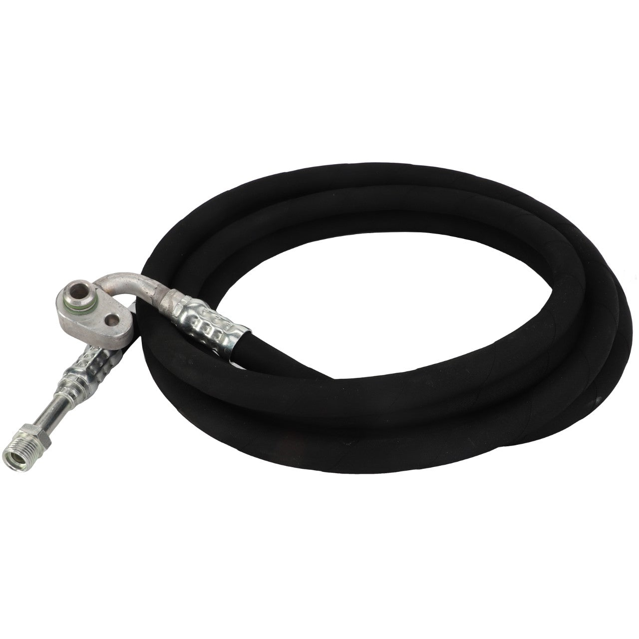 A durable, coiled black hydraulic hose with robust metallic connectors on each end from AGCO, specifically the Hose - Acp0370100.