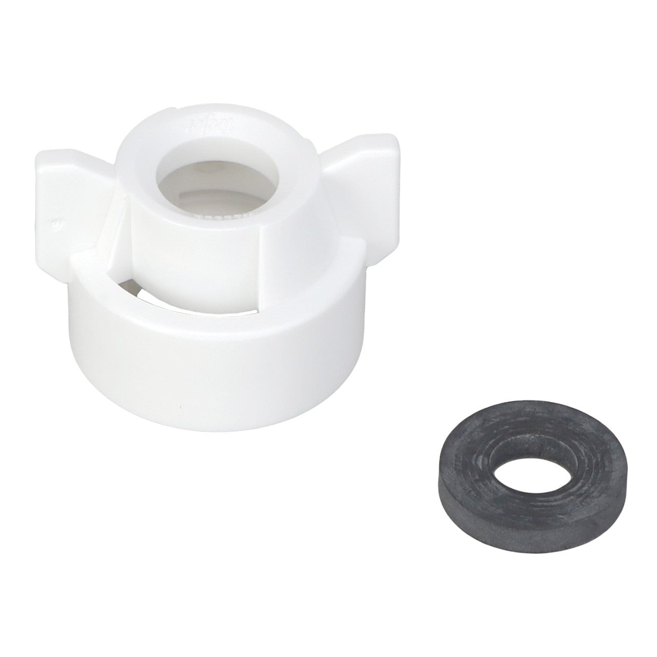 The AGCO Quick TeeJet Cap, White, Universal Fit (ACP0484660) sits next to a black rubber washer, forming a vital part of your setup. For more details or assistance from our support team, please refer to the product description before ordering.