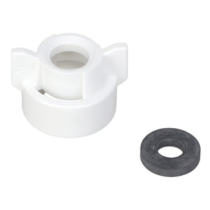 The AGCO Quick TeeJet Cap, White, Universal Fit (ACP0484660) sits next to a black rubber washer, forming a vital part of your setup. For more details or assistance from our support team, please refer to the product description before ordering.