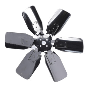 The AGCO Fan Blade, model V836140044, featuring six rounded-edged metal blades, essential for managing the engine’s temperature in a tractor's radiator, is displayed against a white background.
