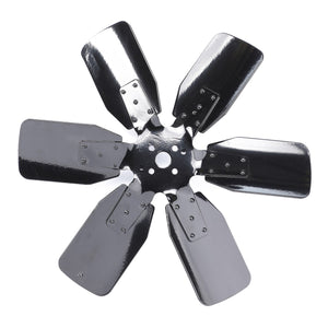 The AGCO Fan Blade, model V836140044, featuring six rounded-edged metal blades, essential for managing the engine’s temperature in a tractor's radiator, is displayed against a white background.