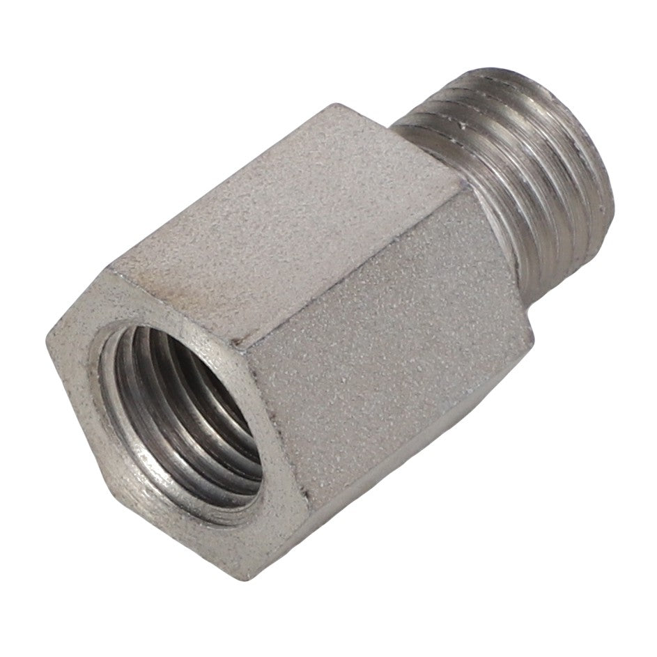 A product from AGCO, specifically the NOZZLE - F824200090280, featuring a hexagonal metal coupling with both threaded male and female ends.