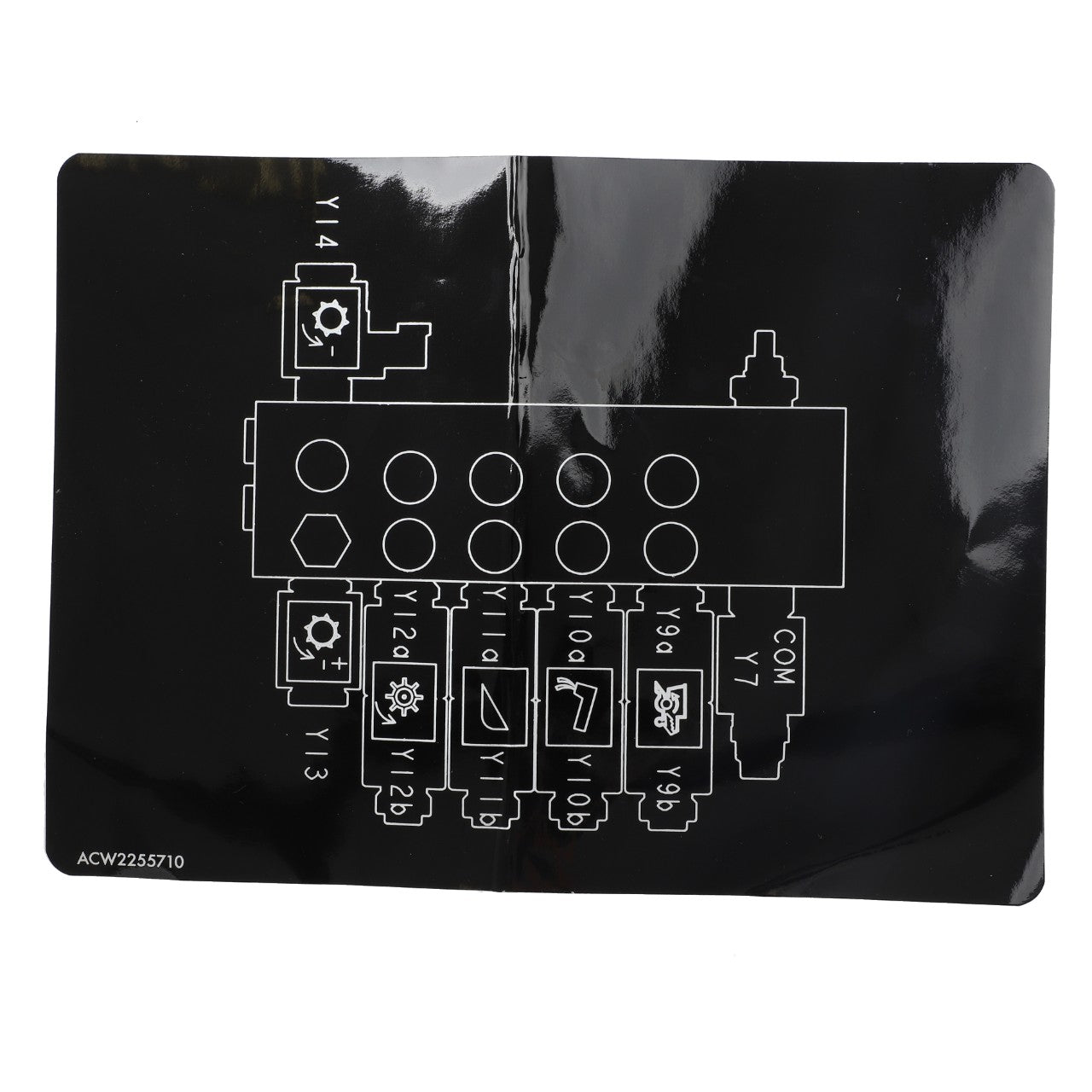 Description of the AGCO | Decal - Acw2255710: A black electrical panel featuring multiple buttons and white circuit symbols, complete with indicators for various functions. Current product description information is not available.