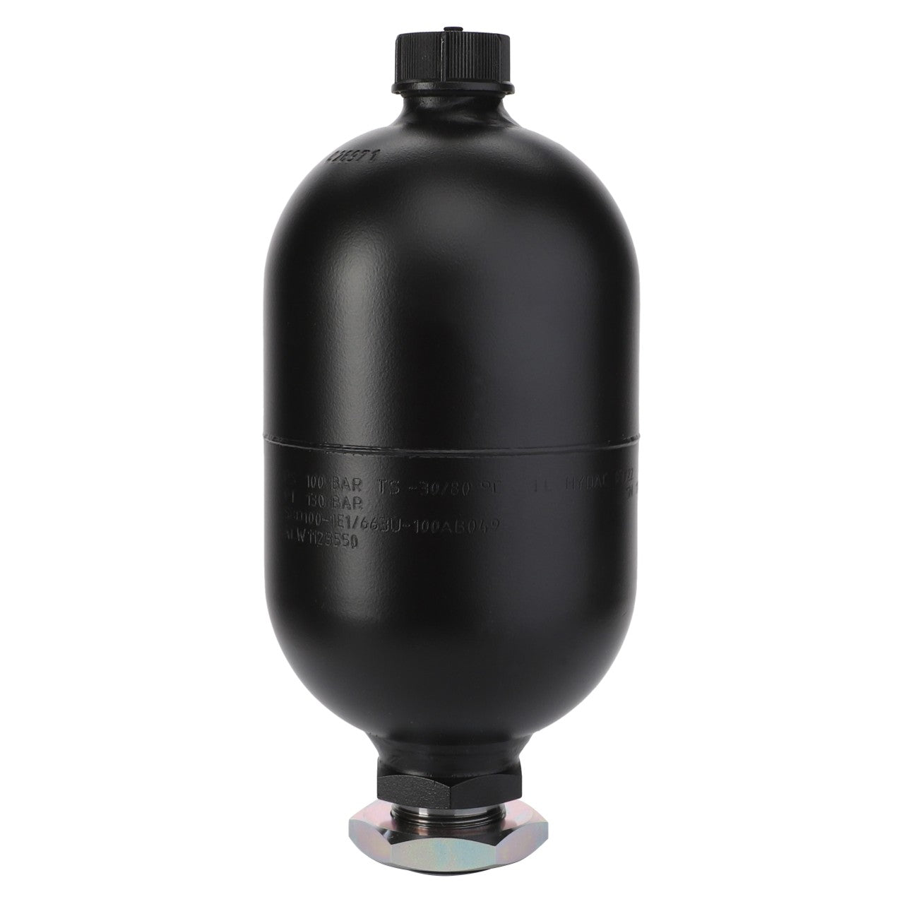 The AGCO Diaphragm Accumulator, 1 L - Acw1123550, is a black, cylindrical pressure vessel featuring a threaded connector at the bottom and a cap on top, making it ideal for energy storage in hydraulic accumulators.