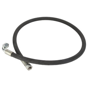 The AGCO HOSE - AL9031580 is a coiled black hydraulic hose with metal fittings at both ends, featuring one straight and one angled connection.