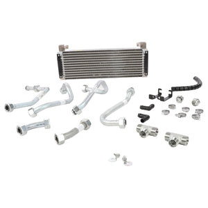 The AGCO | Kit, Cooling - Acw2402460 includes metal pipes, hoses, fittings, and an aluminum radiator for a car transmission cooler.