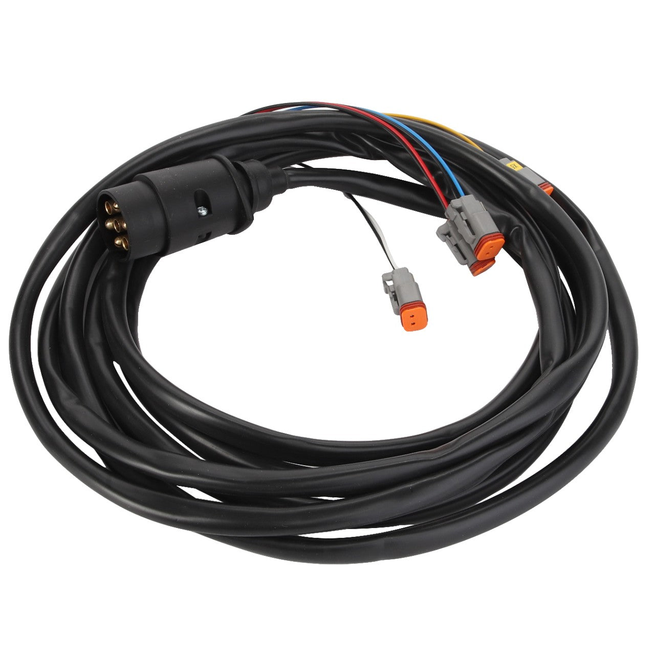 The AGCO | CABLE - AL60003948 by AGCO is a coiled black cable featuring multiple colored wires and connectors at each end, ensuring seamless connectivity for various devices.