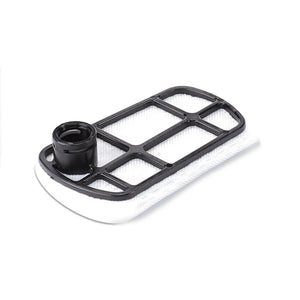 A white rectangular filter, known as the AGCO | Fuel Filter Cartridge - Acp0338340, featuring a black plastic frame and circular connector, designed for Fendt models, is positioned on a white background.