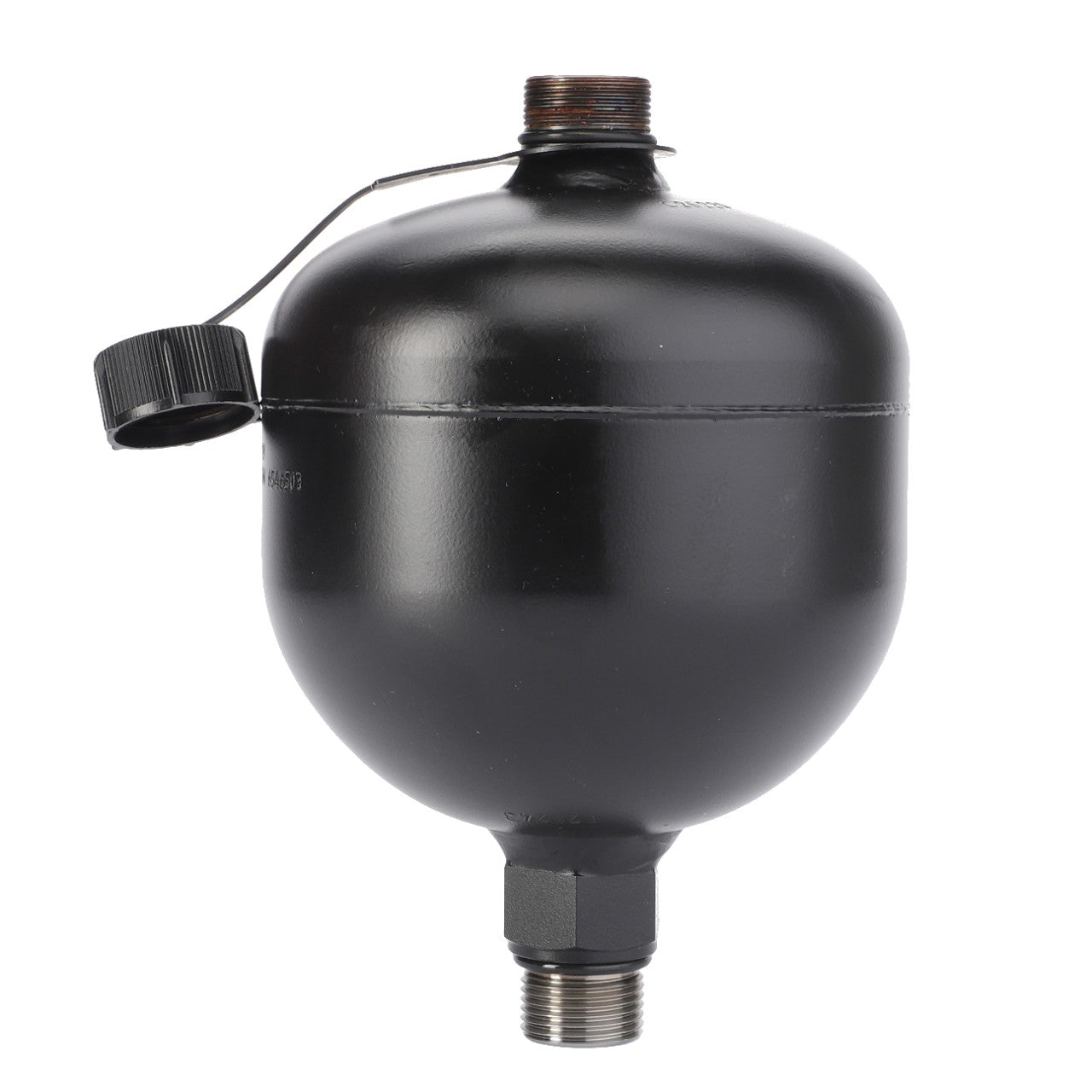 The AGCO | Diaphragm Accumulator - 7302602601 is a black spherical expansion vessel featuring a capped valve at the top and a threaded connection at the bottom, making it perfect for integration into Massey Ferguson models.