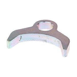 The AGCO Stop - Fel151564 is a metallic bracket featuring a central hole, two outward-extending prongs with slightly curved ends, and a sleek metallic finish.