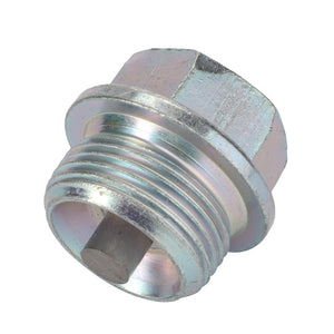 A close-up of the AGCO Screw - F180100050261, a hexagonal metallic drain plug featuring male threads and a recessed square drive socket, perfect for secure fitting.