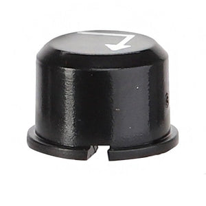 The AGCO BUTTON - D44900840 is a sleek black knob bearing a white arrow indicator on its top, designed for adjusting settings on various electronic devices.