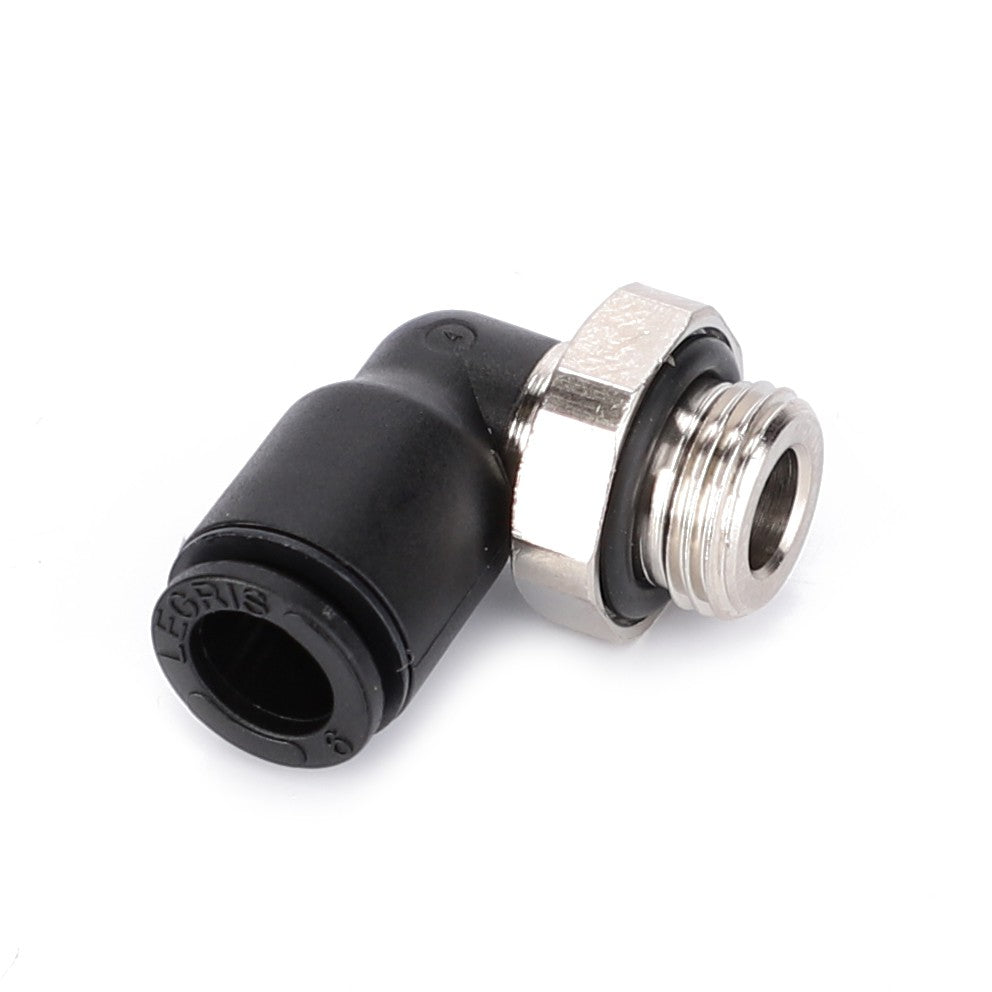 An L-shaped pneumatic push-to-connect male thread elbow fitting, compatible with Massey Ferguson T3 SISU and Dyna-6 systems, is available under the product name AGCO | Union - 3907585M1 by AGCO.