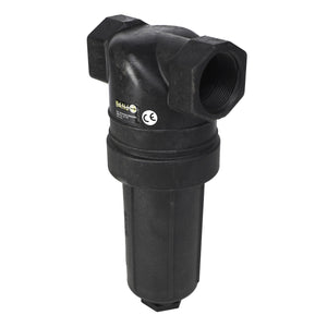 The AGCO | STRAINER - AG517880 is a black, cylindrical plastic filter housing designed for fluid or air systems, featuring an inlet and outlet on opposite sides. A CE mark is visible on the body. No current product description information is available from the manufacturer.