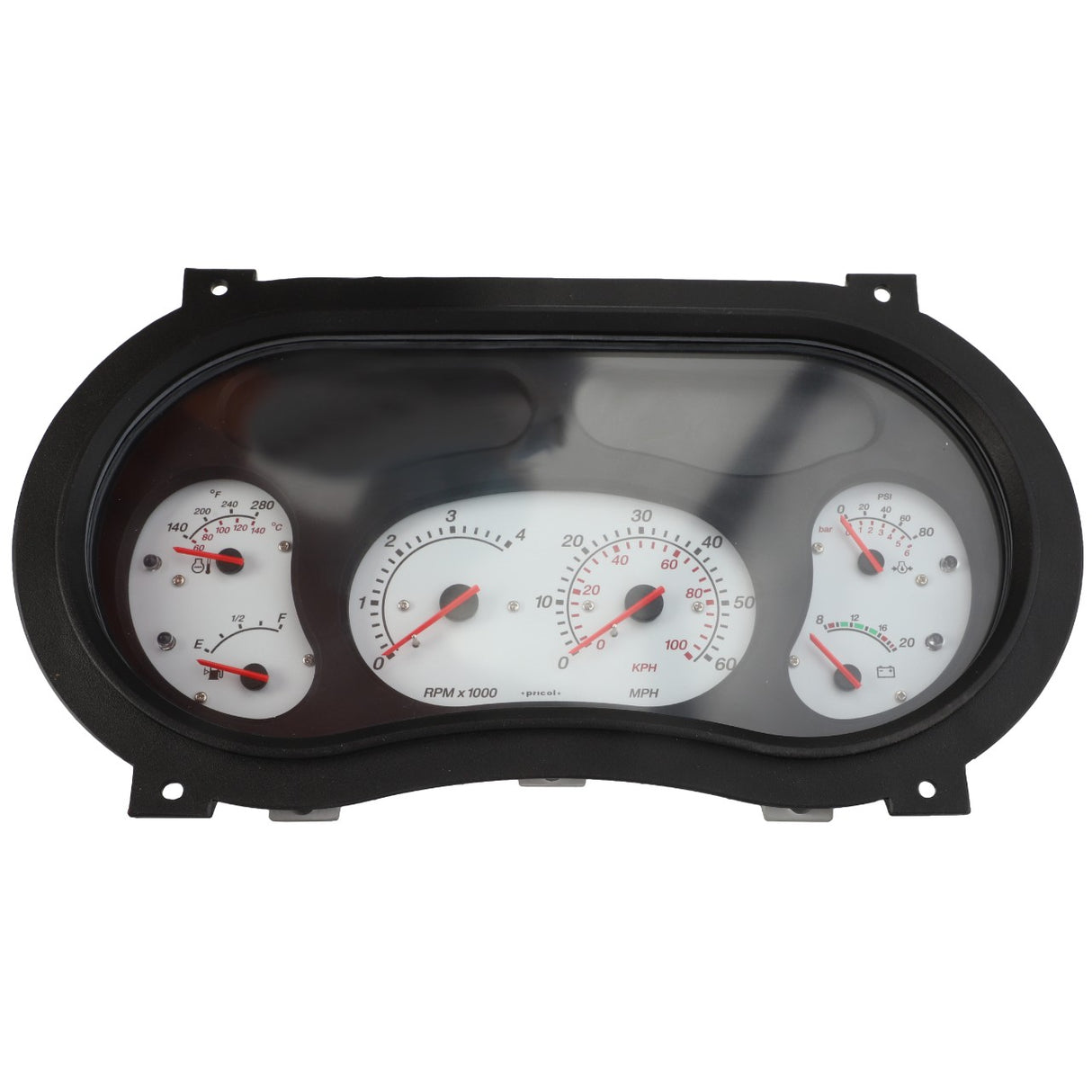 Dashboard instrument cluster, AGCO | Instrument Panel - AG131482 by AGCO, featuring three large white dials for speed in MPH, RPM, and fuel level, along with smaller gauges for oil pressure and engine temperature. No current product description information is available.