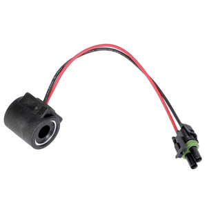 A cylindrical black automotive sensor, the AGCO TWO WIRE COIL - AG610014 by AGCO, features attached red and black wires ending in a green and black connector. No current product description information is available.