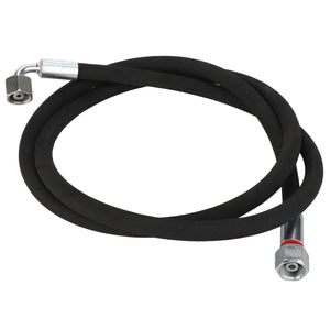 An AGCO | Hydraulic Hose - Fel151819, featuring a black rubber construction with metal connectors at both ends; one is straight, and the other is angled at 90 degrees.