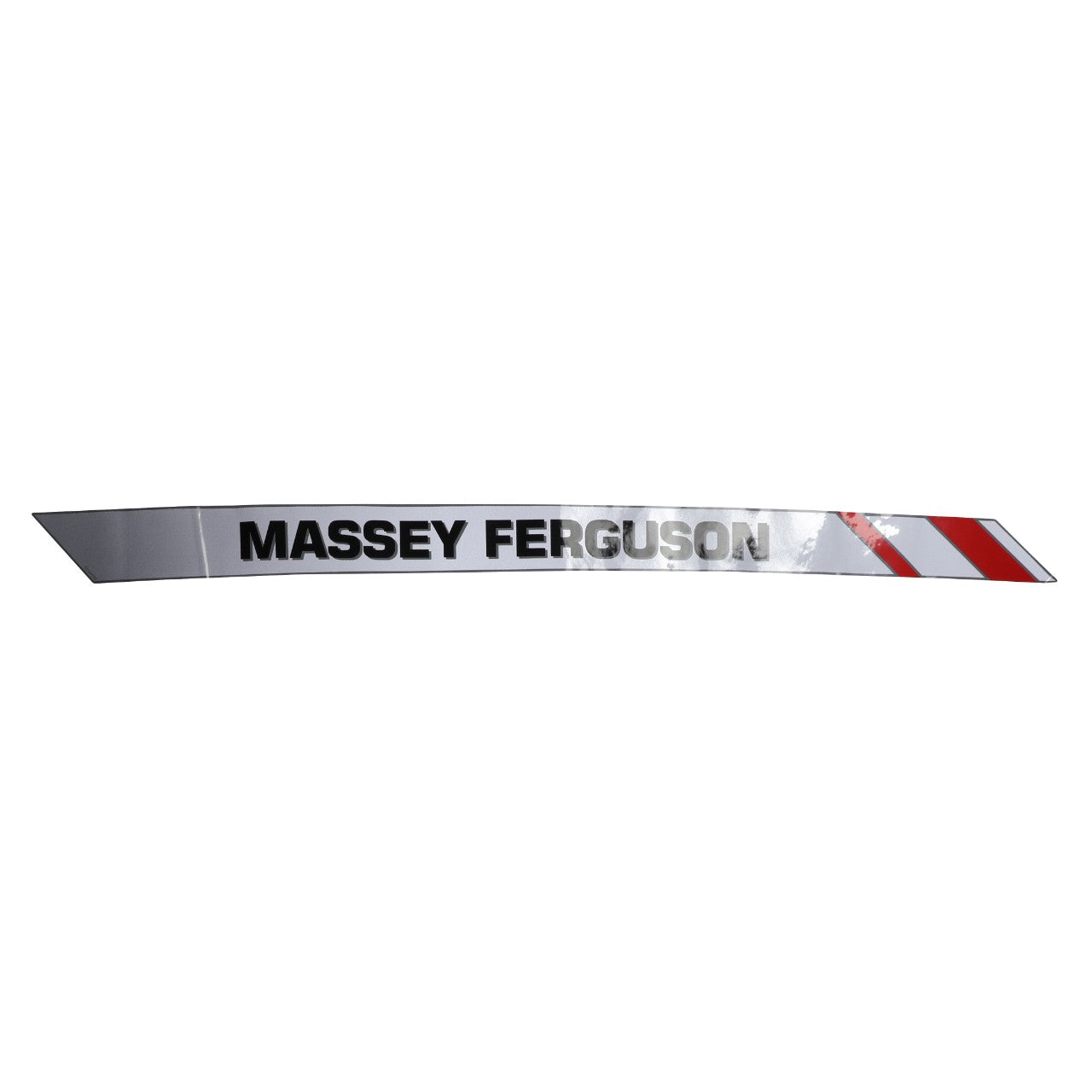 The AGCO RIGHT HAND DECAL - AL11134976 features a silver sticker with the Massey Ferguson logo and the brand name displayed in black and red diagonal stripes on the right side. Product description information is currently unavailable.