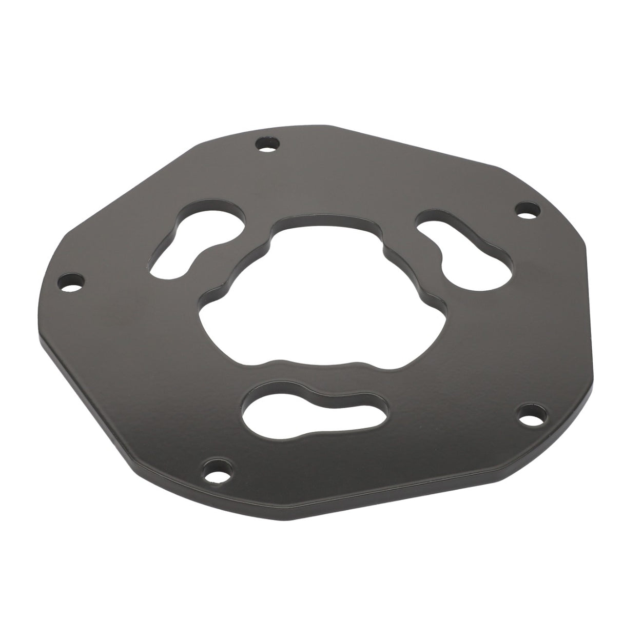 The AGCO | Plate - Acw3787690 is a black octagonal metal plate featuring irregular cutouts and four mounting holes. No further product description information is available.