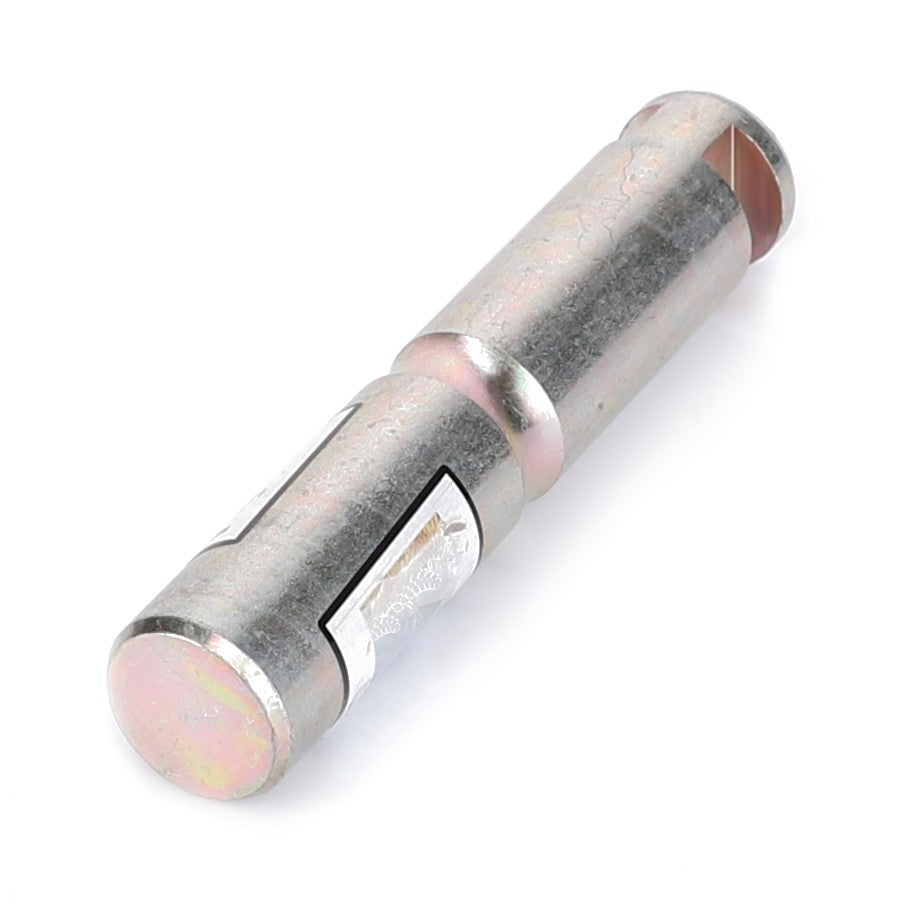 The AGCO | Bolt - 718870030050 by AGCO is a cylindrical metal pin featuring a notch on one side, with slight surface wear and a reflective finish, making it ideal for use in the robust mechanisms of a Massey Ferguson.