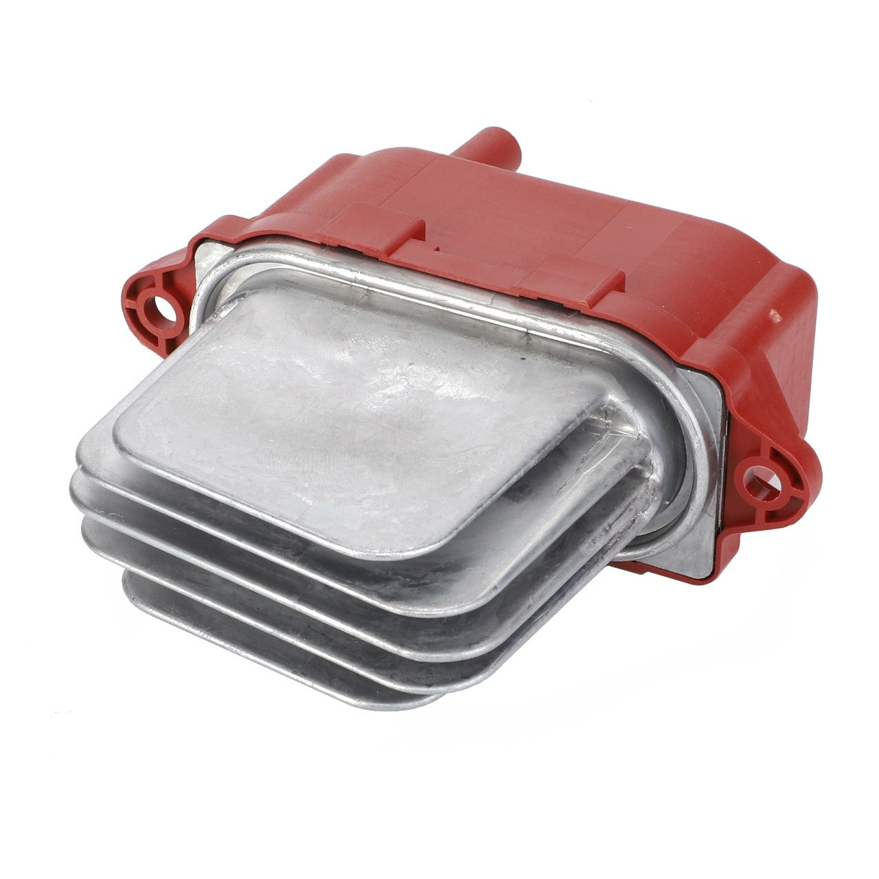 A metal rectangular car part with cooling fins and a red plastic casing on the top side, designed for perfect Fendt fitment, known as the AGCO | Regulator - 3907310M1.