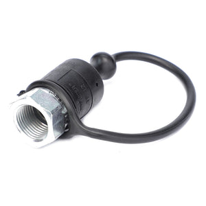 Image of the AGCO | MALE QUICK COUPLER - V30322100, featuring a black rubber dust cap attached to a metal valve connector with a looped tether. No information available on SEO keywords.