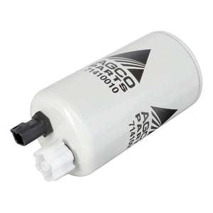 Image of a Fuel Filter Spin On - 71410010 by AGCO Parts, featuring black and white connectors on one end. This essential engine maintenance component is white with black branding text and graphics. It functions as a Fuel-Filter-Water-Separator to ensure optimal performance.