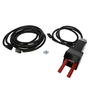 The AGCO | SENSOR - D28782797, an electronic component by AGCO, features attached red prongs and two coiled black cables. Several small screws are positioned in the center. No current product description information is available.