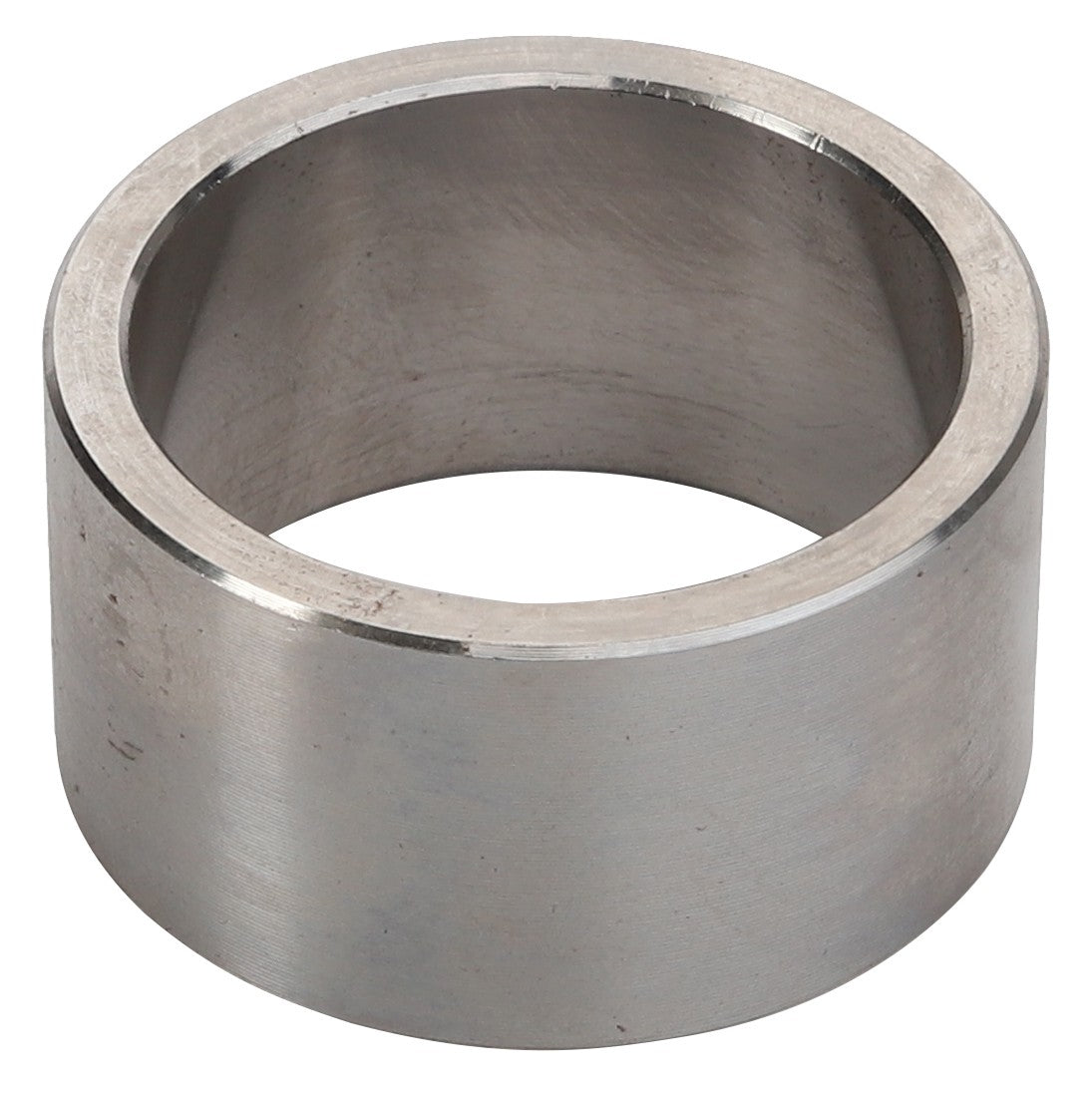 A cylindrical metal ring with a smooth surface and an open center, identified as the AGCO | SPACER - D46140005 by the brand AGCO, is shown from a slight angle. Currently, no detailed product description information is available.