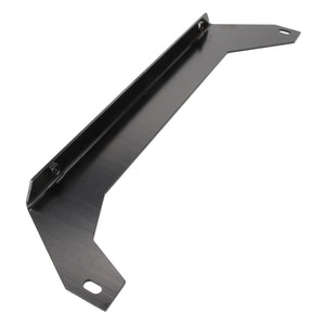 The AGCO | BRACKET - D28785227, offered by AGCO, is a robust black metal bracket with two mounting holes at each end and a raised center section for added stability.