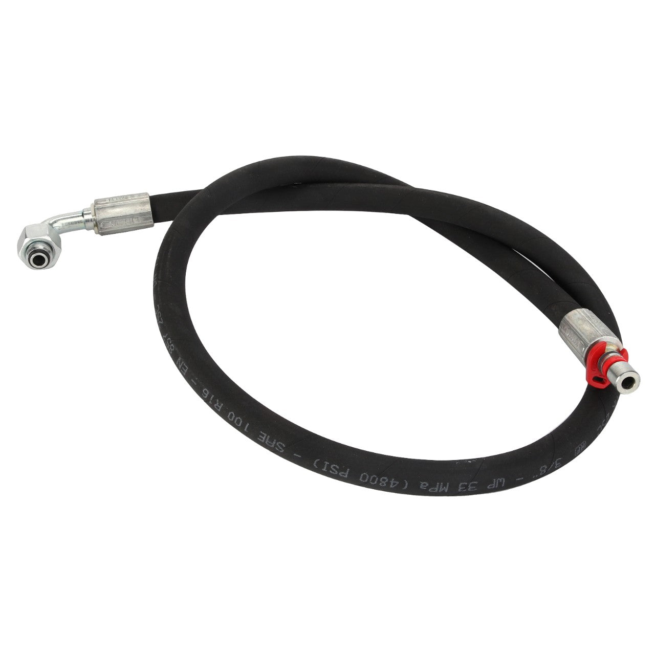 The AGCO HOSE - AL9032614 is a black hydraulic hose featuring metal connectors at both ends, coiled in a circular shape. One connector includes a right-angle bend, and the hose is marked along its length.