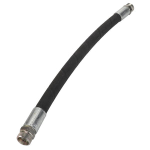 The AGCO Hydr. Hose - Acw052579A is a durable, black rubber hose with metal connectors on both ends, expertly designed to be slightly curved.