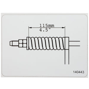 A technical drawing of the AGCO Decal - Fel140443, measuring 115mm (4.5 inches), with the reference number 140443 in the bottom right corner, is meticulously detailed for easy reference despite the lack of a comprehensive product description.