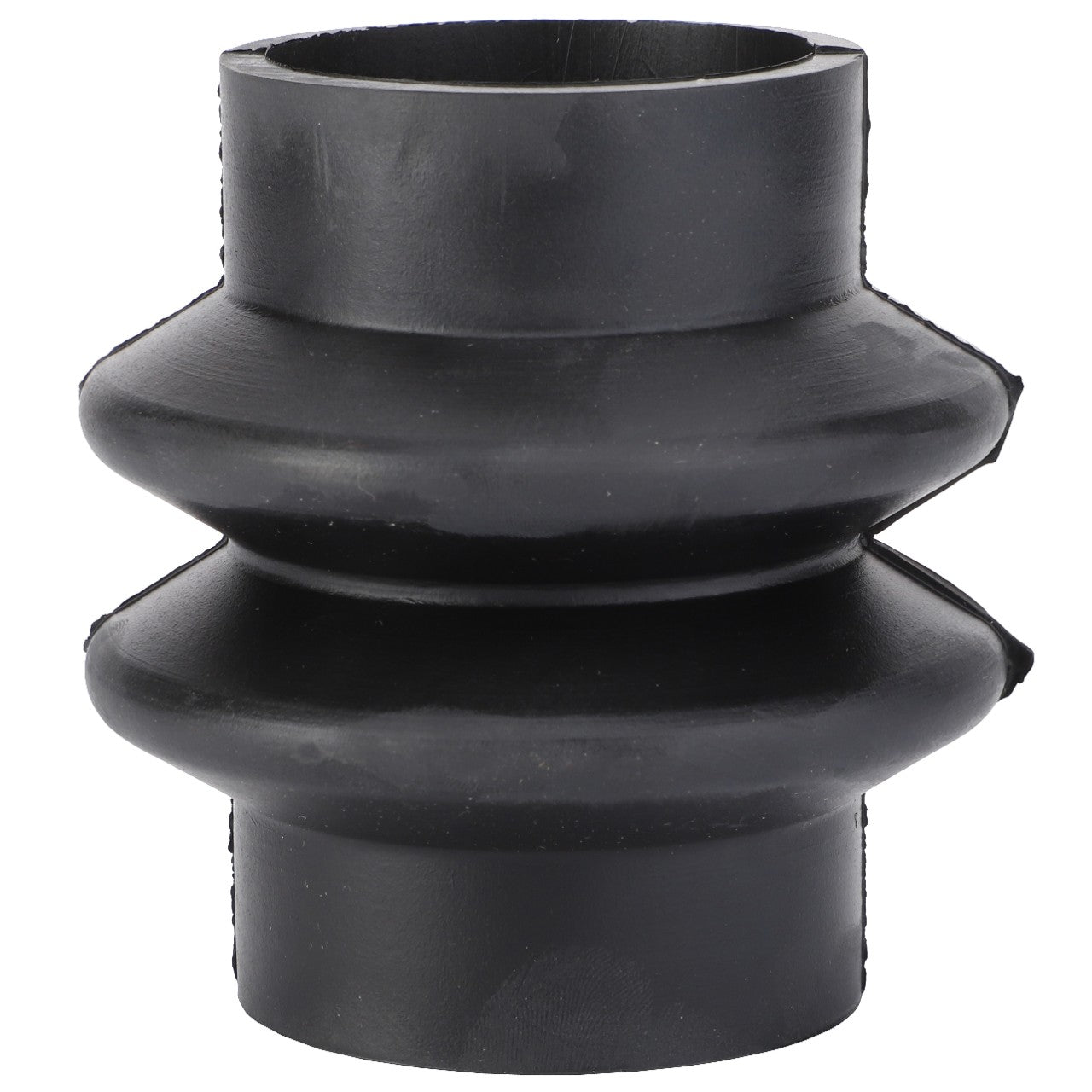 The AGCO | Hose - 3582877M2, a black rubber coupling featuring a double bellows design, is commonly used for connecting pipes or tubes and is compatible with Massey Ferguson models.