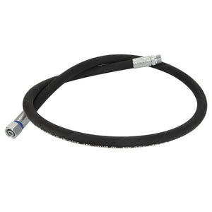 The AGCO | Hose - Acw117039A by AGCO is a durable, black, flexible hydraulic hose equipped with robust metal fittings on both ends, specifically engineered for high-pressure fluid conveyance.