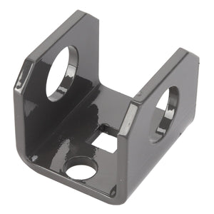 AGCO | BRACKET - D28282364 is a black metal U-shaped bracket that features three circular holes and one square hole.