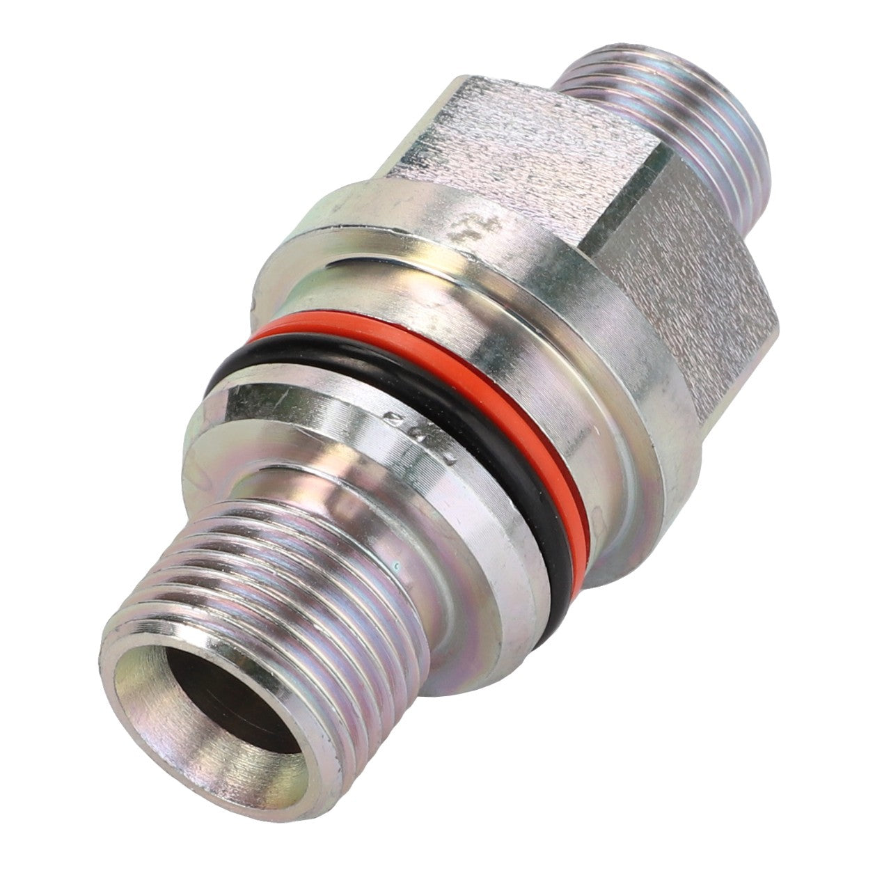 A close-up of the AGCO Adapter - Acp0298170, a silver metal hydraulic fitting with threaded ends and a central red and black O-ring. No current product description available.