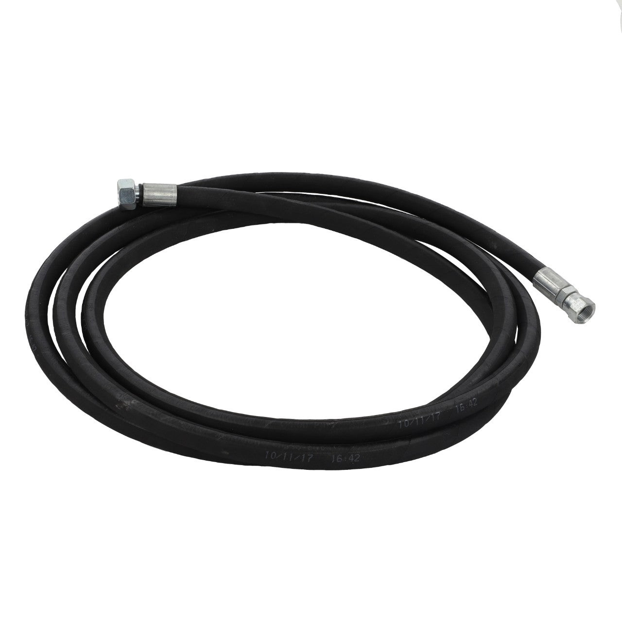 A black coiled rubber hydraulic hose with metal connectors on both ends, known as the AGCO | HYDRAULIC HOSE - D46150547. No current product description information is available.