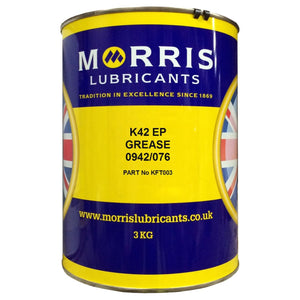 A 3kg yellow and blue can of AGCO Grease - VACC3081, perfect for Massey Ferguson machinery, with part number KFT003 and website www.morrislubricants.co.uk. The can proudly displays the Union Jack.