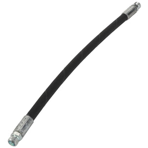 The AGCO Hydraulic Hose - Acw2281120, a black flexible hose with metallic connectors on both ends, is displayed against a white background, showcasing its durability and versatility for various applications.