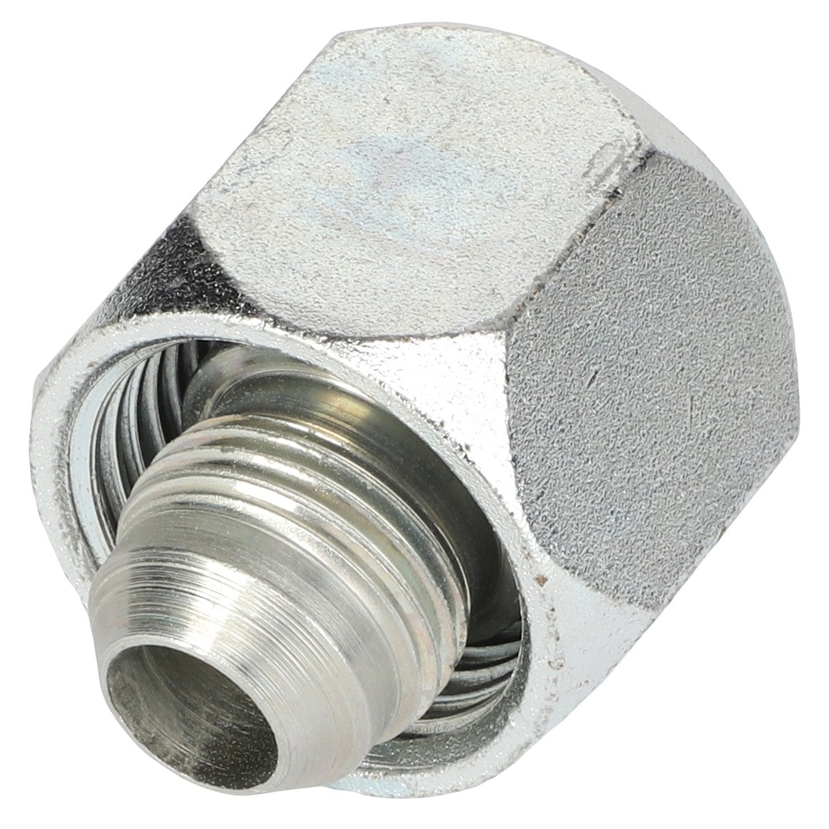 A close-up view of the AGCO Adapter Fitting (AG521659), featuring a silver hex nut design with a threaded interior and metallic finish. No current product description information is available at this time.