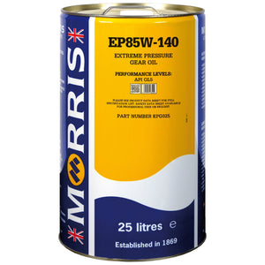 A 25-litre can of AGCO Gear Oil - Vacc3044 with performance levels API GL5. Ideal for heavy-duty agricultural machinery like Valtra and Massey Ferguson. The can is predominantly yellow and blue with the AGCO logo and British flag.