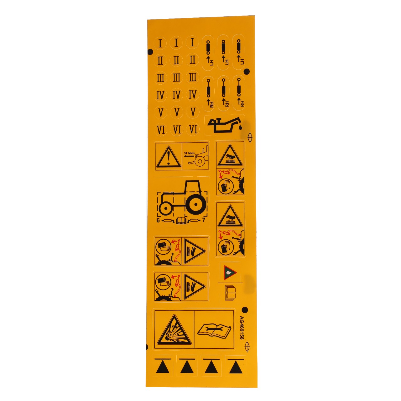 The AGCO Decal - Acp0340200, by the brand AGCO, features a yellow warning sign displaying various safety instructions with icons, numbers, and symbols. These include warnings for tractor hazards, limb safety precautions, and general operational guidelines. Currently, there is no detailed product description available.