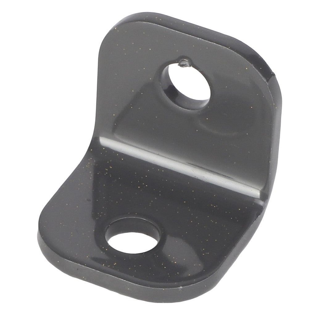 A small, black L-shaped metal bracket with two bolt holes. Product: AGCO | Hose Support - Acw1755990 by AGCO. No additional product description information available.