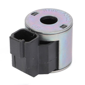 Close-up of the AGCO cylindrical hydraulic solenoid coil with a metallic finish and a black plastic connector attached to its side, similar to those used in Massey Ferguson Models, Product Name: Solenoid - 7302601101.