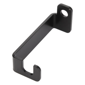 The AGCO Bracket - Acw0190300 is a sturdy black metal bracket featuring a hook on one end and a hole for easy mounting on the other end.