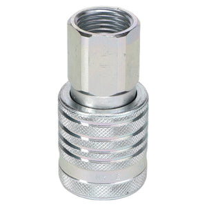 The AGCO | QUICK COUPLER - AL5045010 is a metallic quick connect fitting with a hexagonal upper part and circular lower section featuring a ridged texture for grip, designed to fit all machine sizes.