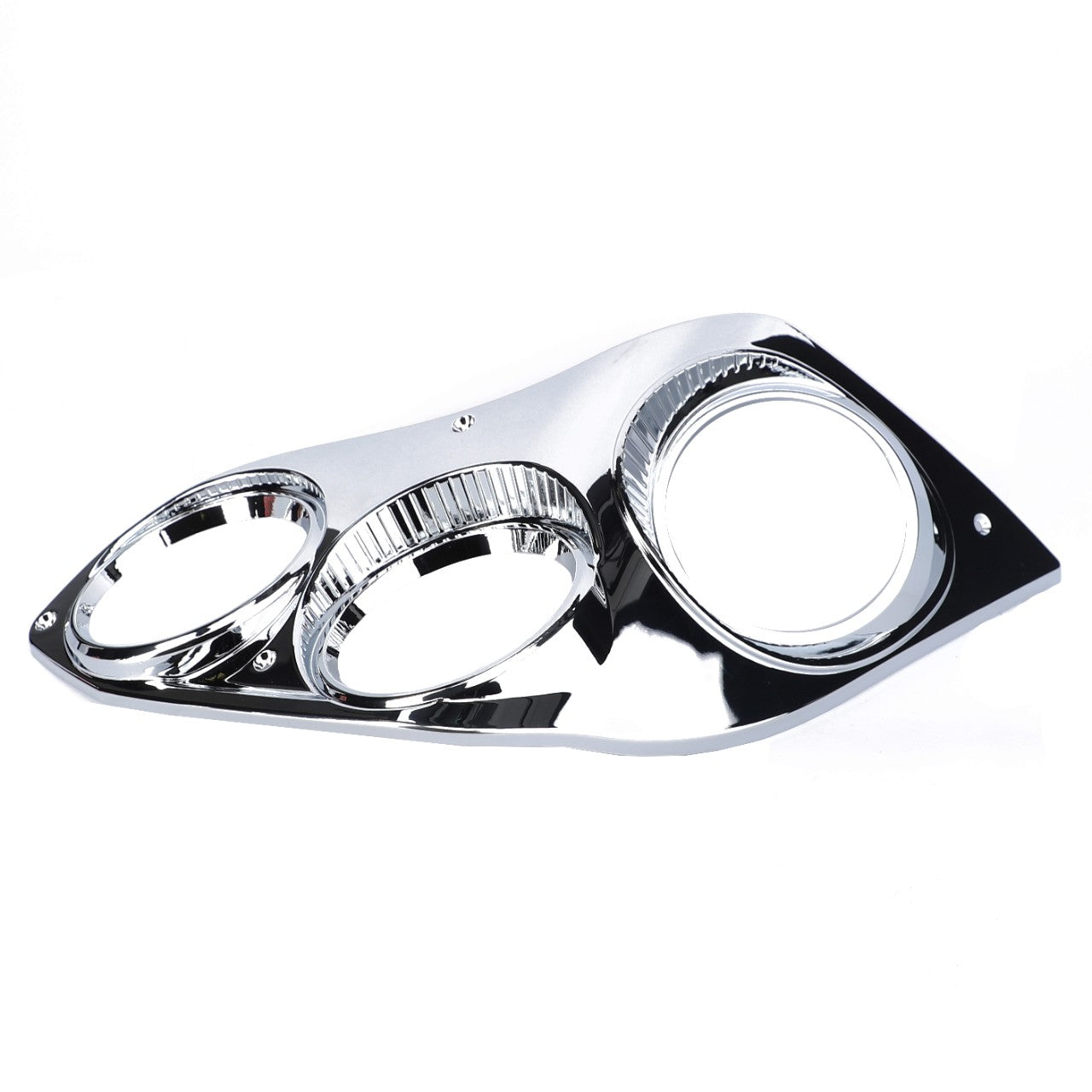 A polished chrome AGCO headlight bonnet, left-side model 835900020011, featuring two circular and one oval cut-out, designed to fit seamlessly into the headlight assembly of a Fendt Vario.